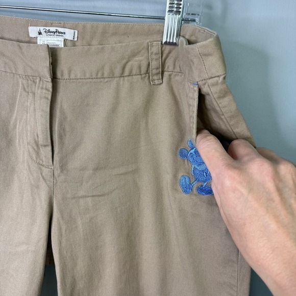 Disney Parks Khaki Tan Capri Pants Blue Embroidered Mickey Mouse Women's Size 12 - Picture 5 of 12